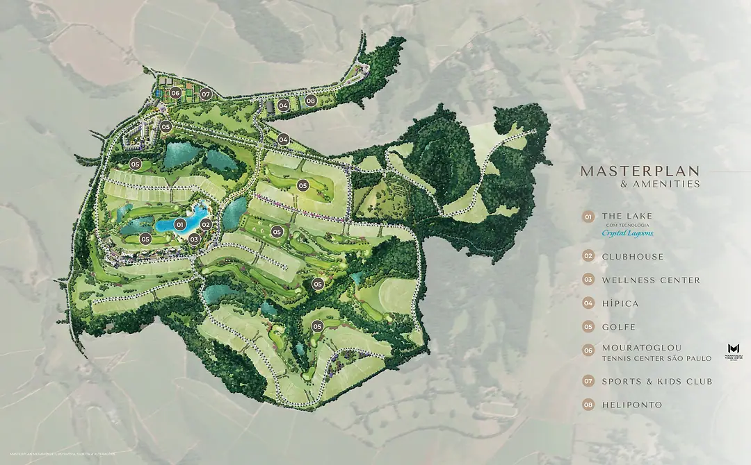 Masterplan do Heritage Riviera com as oito amenities numeradas e a implantação dos lotes, casas e torres